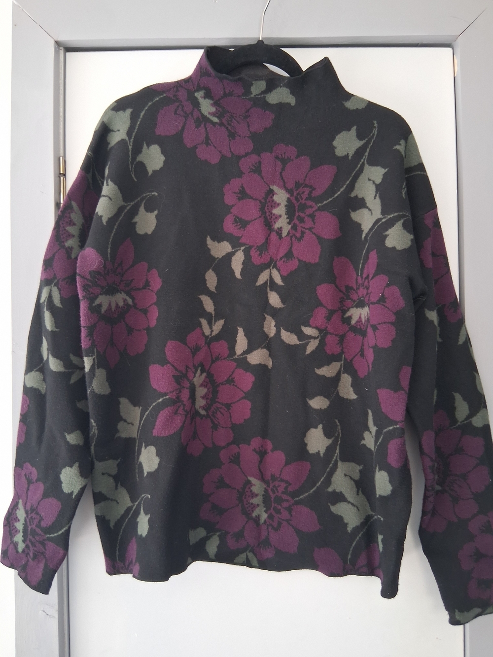Black Floral Knit Sweater with Plum Flowers